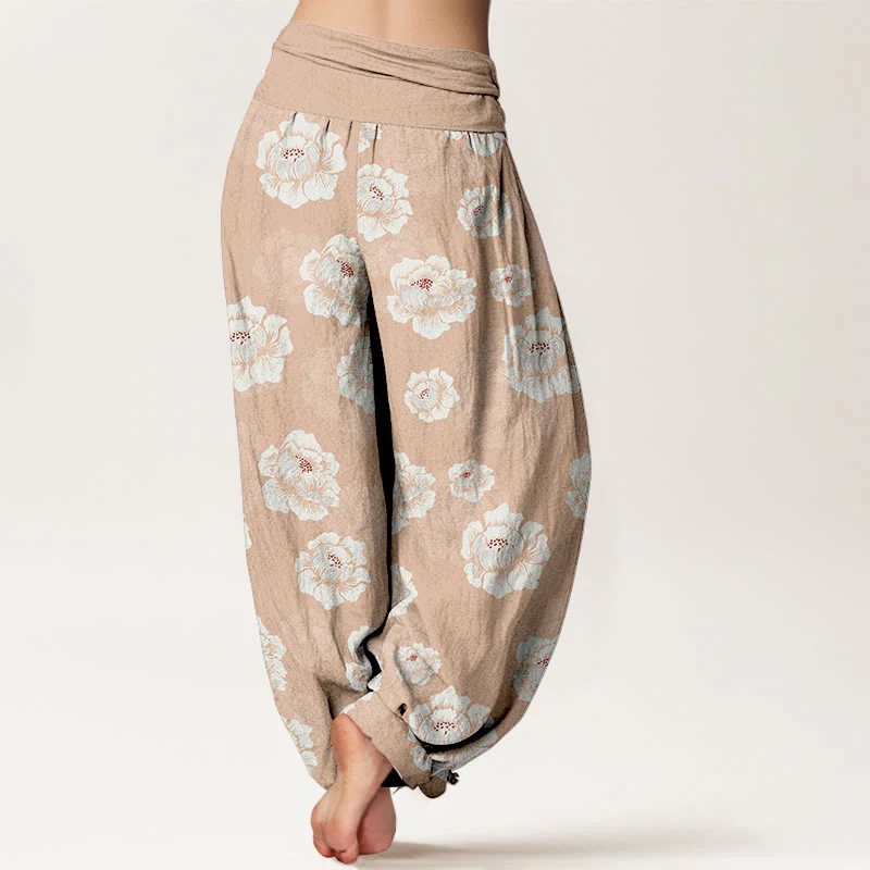 Pantaloni harem da donna con elastico in vita e motivo floreale bianco ed elegante in cotone Buddha Stones - Image 2