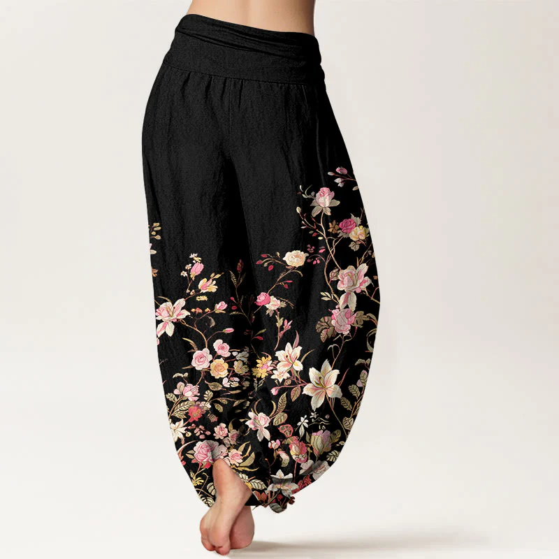 Pantaloni harem da donna con elastico in vita e motivo floreale colorato in puro cotone Buddha Stones - Image 2