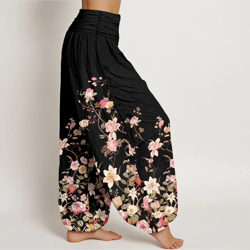 Pantaloni harem da donna con elastico in vita e motivo floreale colorato in puro cotone Buddha Stones - Image 3