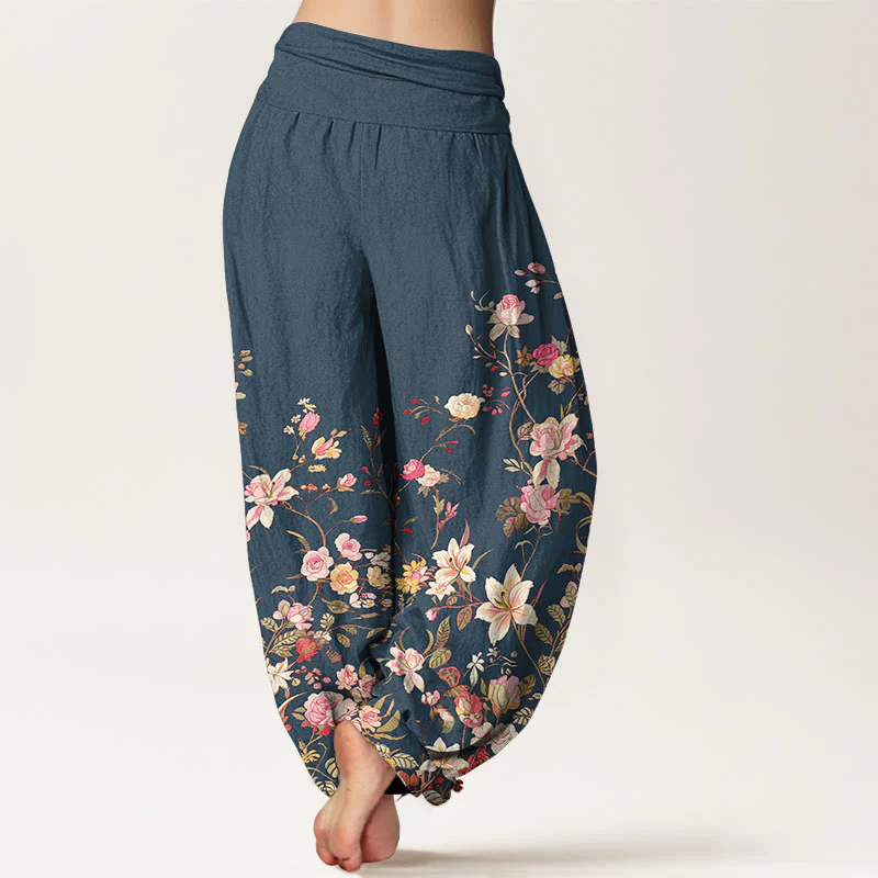 Pantaloni harem da donna con elastico in vita e motivo floreale colorato in puro cotone Buddha Stones - Image 7