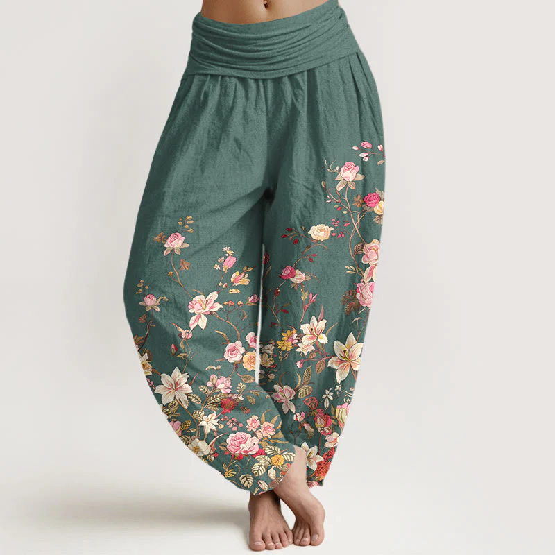 Pantaloni harem da donna con elastico in vita e motivo floreale colorato in puro cotone Buddha Stones - Image 9