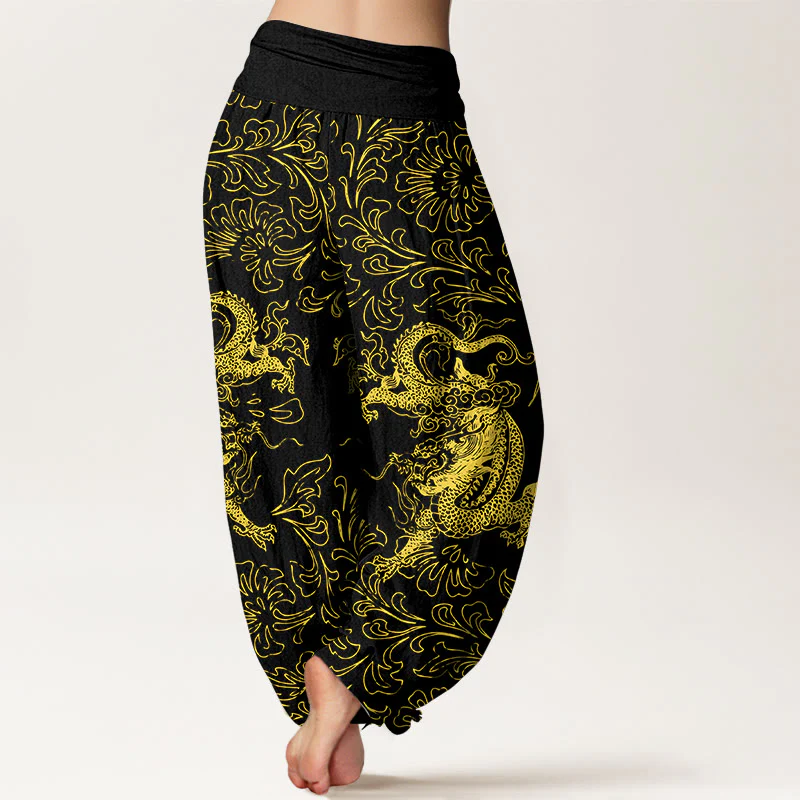 Pantaloni harem da donna con elastico in vita e motivo floreale in puro cotone con motivo drago Buddha Stones - Image 10