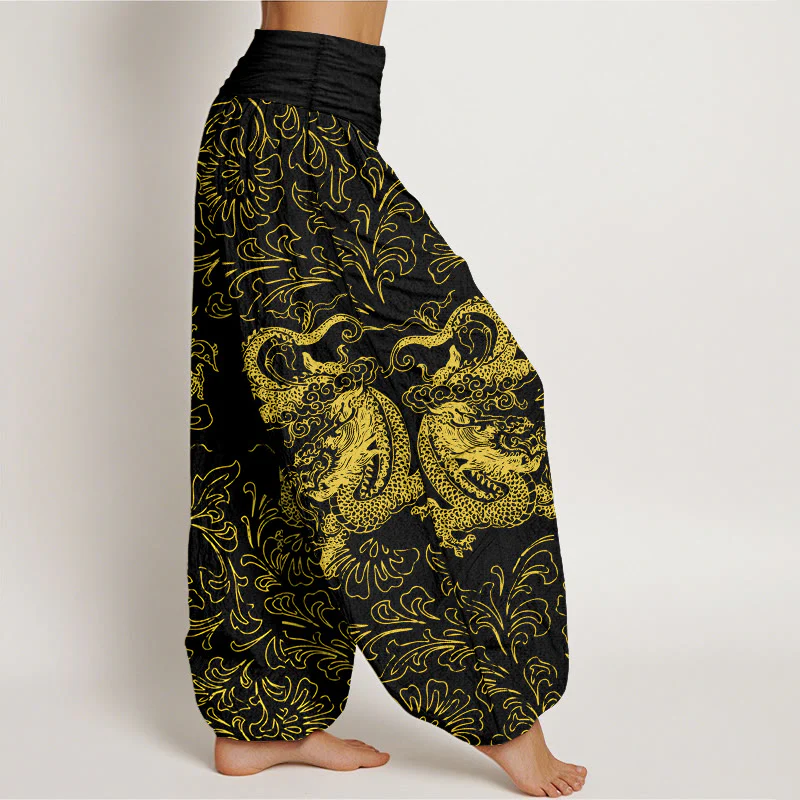Pantaloni harem da donna con elastico in vita e motivo floreale in puro cotone con motivo drago Buddha Stones - Image 11