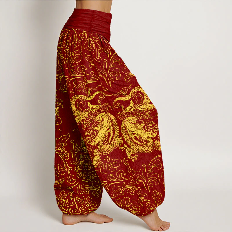Pantaloni harem da donna con elastico in vita e motivo floreale in puro cotone con motivo drago Buddha Stones - Image 3