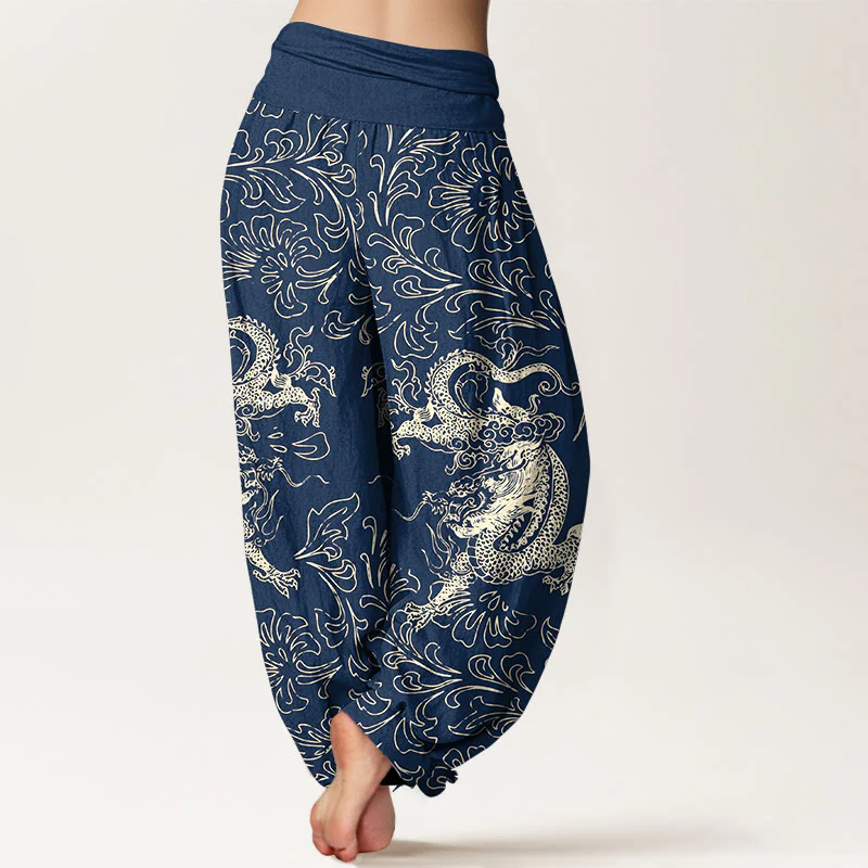 Pantaloni harem da donna con elastico in vita e motivo floreale in puro cotone con motivo drago Buddha Stones - Image 7