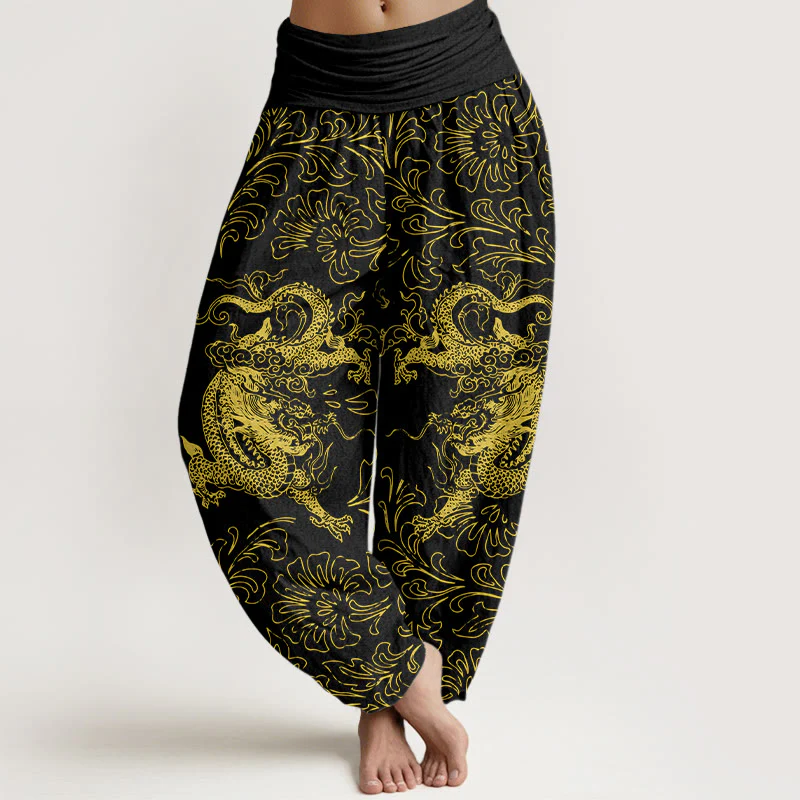Pantaloni harem da donna con elastico in vita e motivo floreale in puro cotone con motivo drago Buddha Stones - Image 9