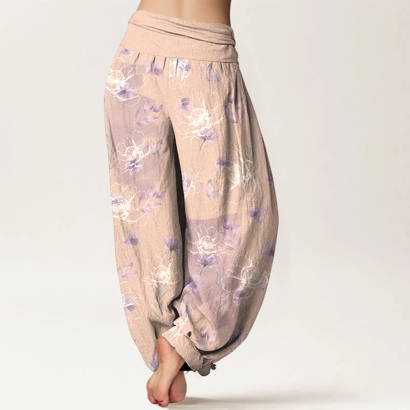 Pantaloni harem da donna con elastico in vita e motivo floreale retrò in cotone Buddha Stones - Image 10