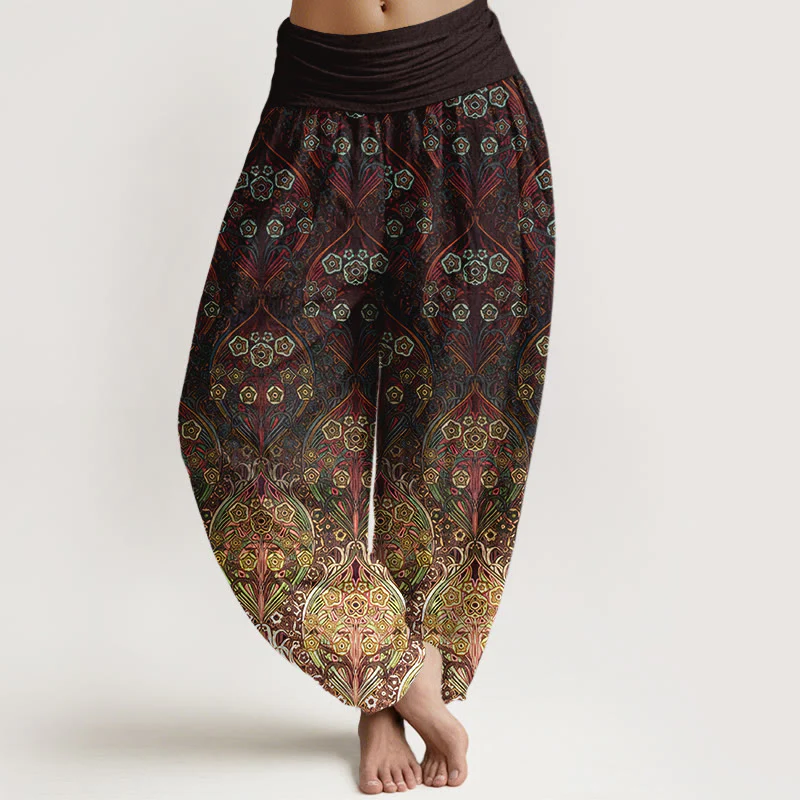 Pantaloni harem da donna con elastico in vita e motivo floreale retrò in puro cotone Buddha Stones