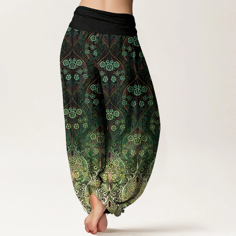 Pantaloni harem da donna con elastico in vita e motivo floreale retrò in puro cotone Buddha Stones - Image 10