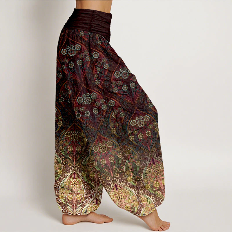 Pantaloni harem da donna con elastico in vita e motivo floreale retrò in puro cotone Buddha Stones - Image 3