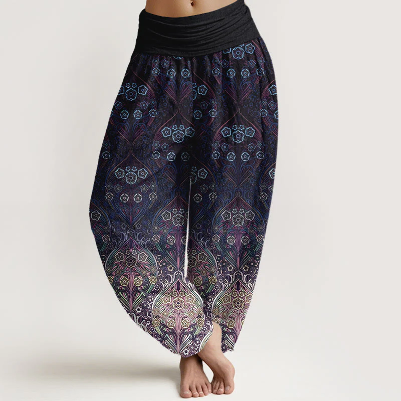 Pantaloni harem da donna con elastico in vita e motivo floreale retrò in puro cotone Buddha Stones - Image 6