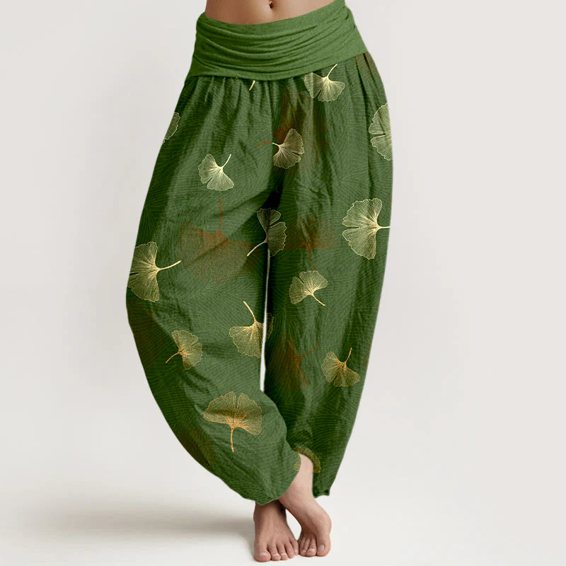 Pantaloni harem da donna con elastico in vita e motivo ginkgo in cotone Buddha Stones - Image 6