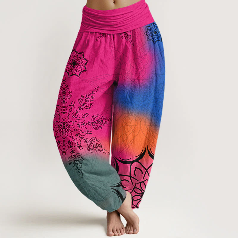 Pantaloni harem da donna con elastico in vita e motivo mandala in cotone dai colori vivaci, con Buddha Stones