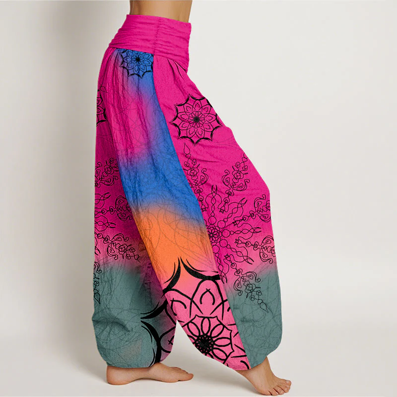 Pantaloni harem da donna con elastico in vita e motivo mandala in cotone dai colori vivaci, con Buddha Stones - Image 3