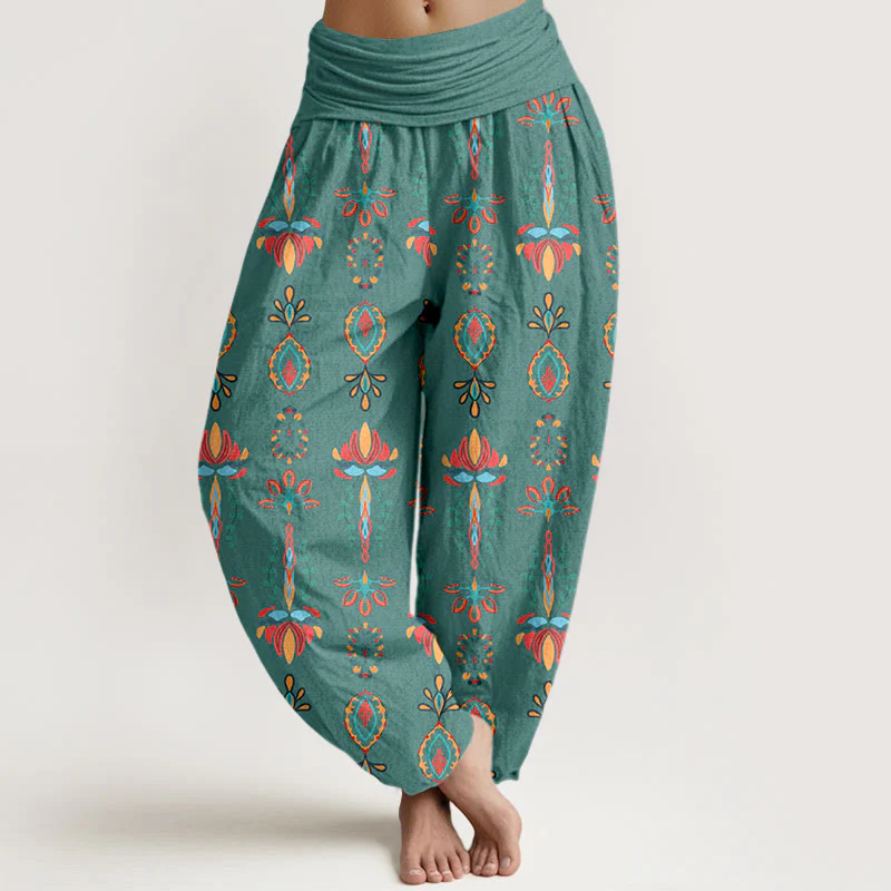 Pantaloni harem da donna con elastico in vita, geometrici, in puro Buddha Stones, con fiori di loto colorati e foglie verdi