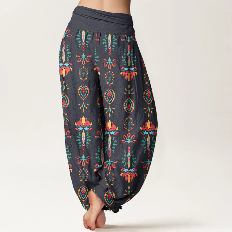 Pantaloni harem da donna con elastico in vita, geometrici, in puro Buddha Stones, con fiori di loto colorati e foglie verdi - Image 10