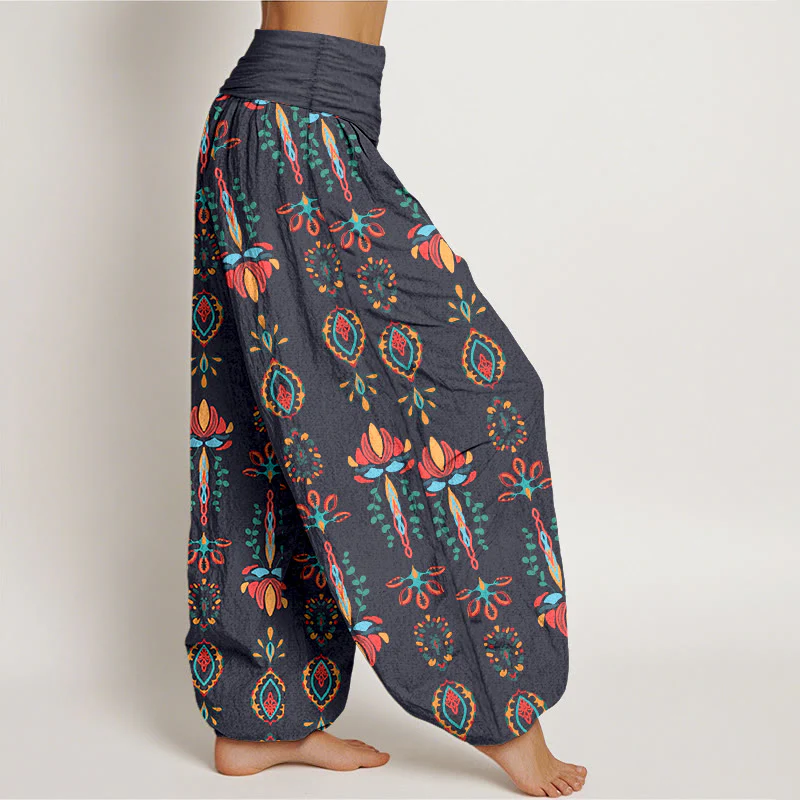 Pantaloni harem da donna con elastico in vita, geometrici, in puro Buddha Stones, con fiori di loto colorati e foglie verdi - Image 11
