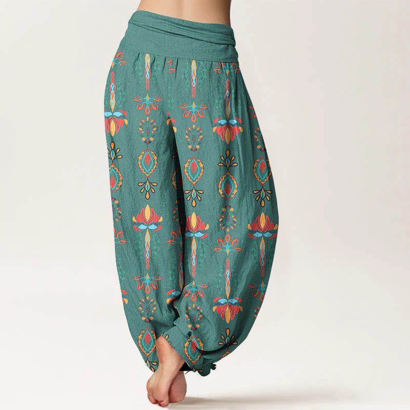 Pantaloni harem da donna con elastico in vita, geometrici, in puro Buddha Stones, con fiori di loto colorati e foglie verdi - Image 2