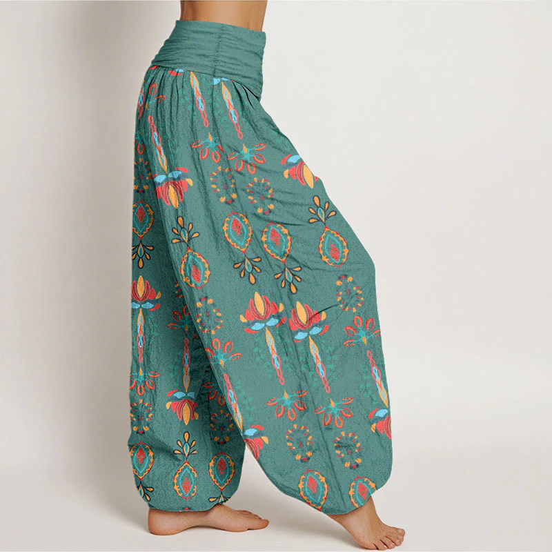 Pantaloni harem da donna con elastico in vita, geometrici, in puro Buddha Stones, con fiori di loto colorati e foglie verdi - Image 3