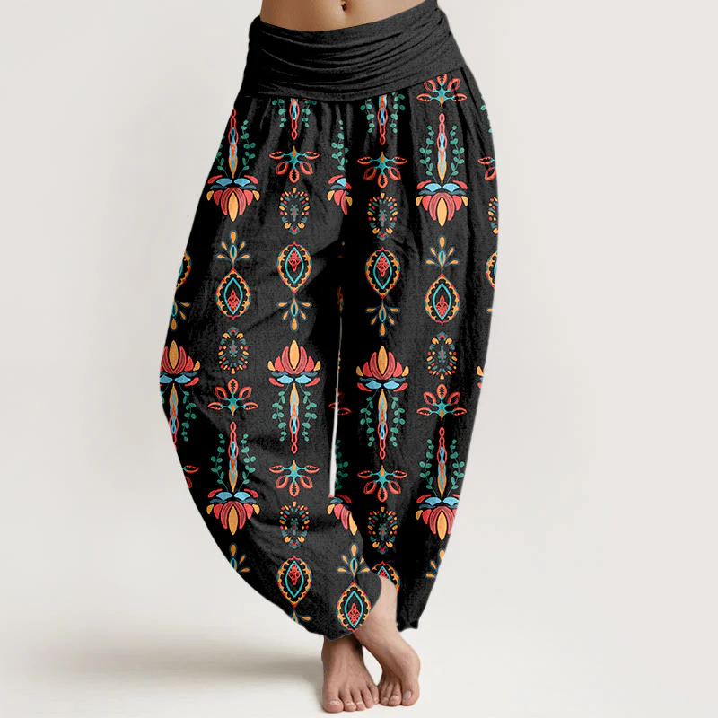 Pantaloni harem da donna con elastico in vita, geometrici, in puro Buddha Stones, con fiori di loto colorati e foglie verdi - Image 6