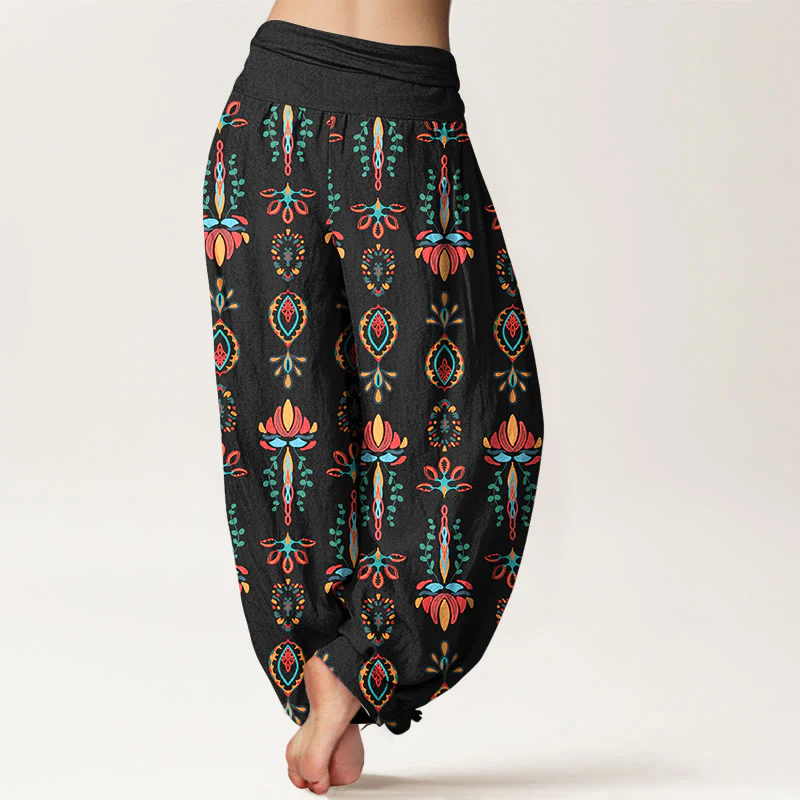 Pantaloni harem da donna con elastico in vita, geometrici, in puro Buddha Stones, con fiori di loto colorati e foglie verdi - Image 7