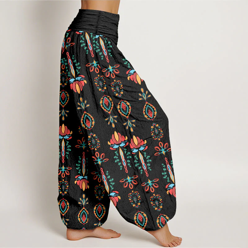 Pantaloni harem da donna con elastico in vita, geometrici, in puro Buddha Stones, con fiori di loto colorati e foglie verdi - Image 8