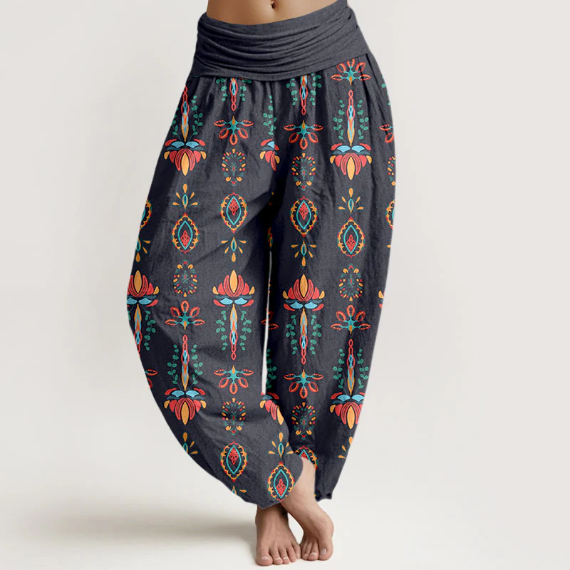 Pantaloni harem da donna con elastico in vita, geometrici, in puro Buddha Stones, con fiori di loto colorati e foglie verdi - Image 9