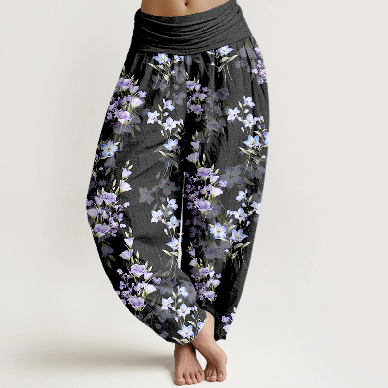 Pantaloni harem da donna con elastico in vita, in cotone, a forma di stella, a forma di tromba, con motivo floreale, motivo Buddha Stones