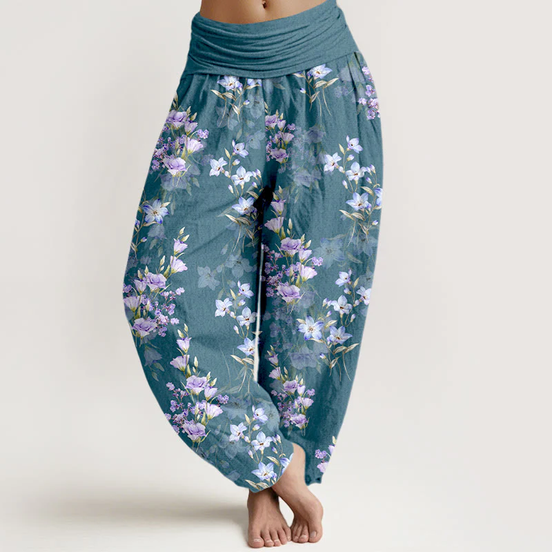 Pantaloni harem da donna con elastico in vita, in cotone, a forma di stella, a forma di tromba, con motivo floreale, motivo Buddha Stones - Image 6