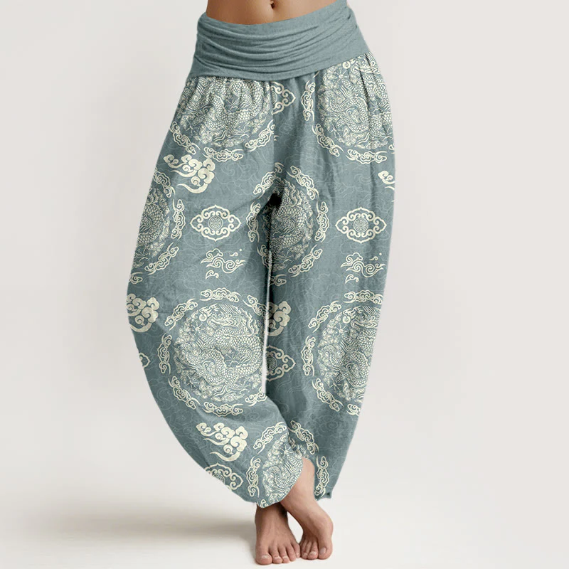 Pantaloni harem da donna con elastico in vita, in cotone, colore chiaro, motivo drago e nuvola , Buddha Stones