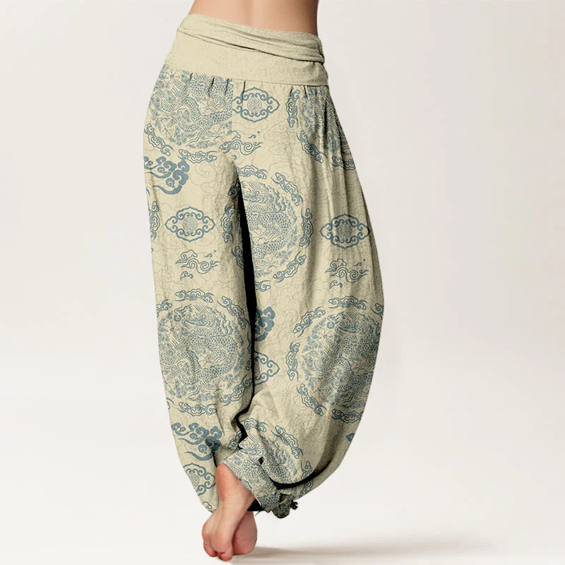 Pantaloni harem da donna con elastico in vita, in cotone, colore chiaro, motivo drago e nuvola , Buddha Stones - Image 10