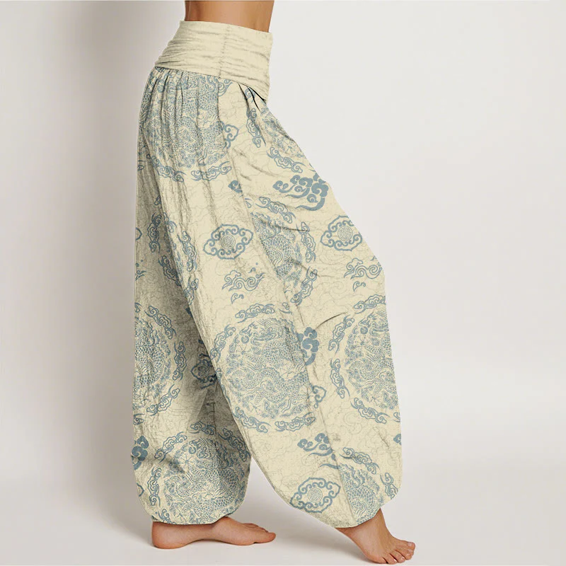 Pantaloni harem da donna con elastico in vita, in cotone, colore chiaro, motivo drago e nuvola , Buddha Stones - Image 11