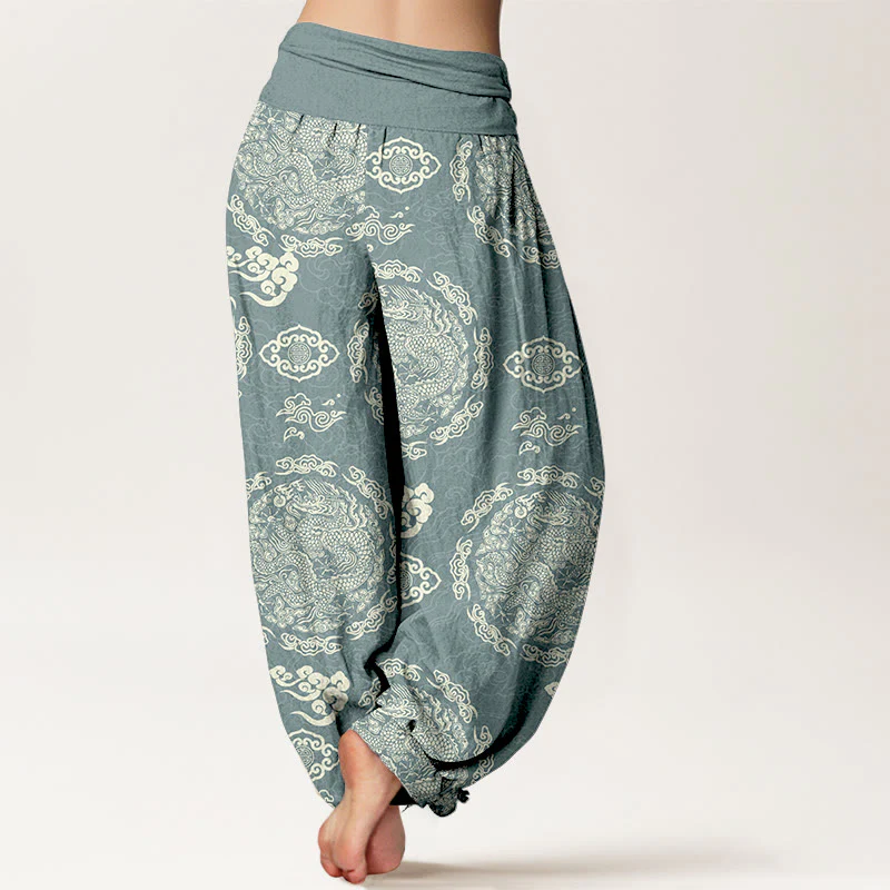Pantaloni harem da donna con elastico in vita, in cotone, colore chiaro, motivo drago e nuvola , Buddha Stones - Image 2