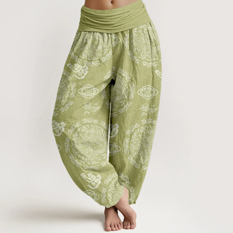 Pantaloni harem da donna con elastico in vita, in cotone, colore chiaro, motivo drago e nuvola , Buddha Stones - Image 6