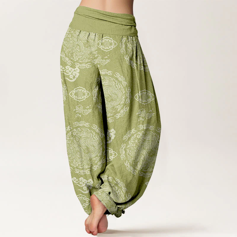 Pantaloni harem da donna con elastico in vita, in cotone, colore chiaro, motivo drago e nuvola , Buddha Stones - Image 7