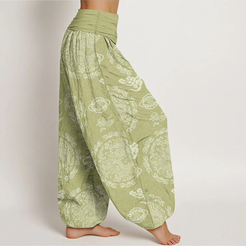 Pantaloni harem da donna con elastico in vita, in cotone, colore chiaro, motivo drago e nuvola , Buddha Stones - Image 8