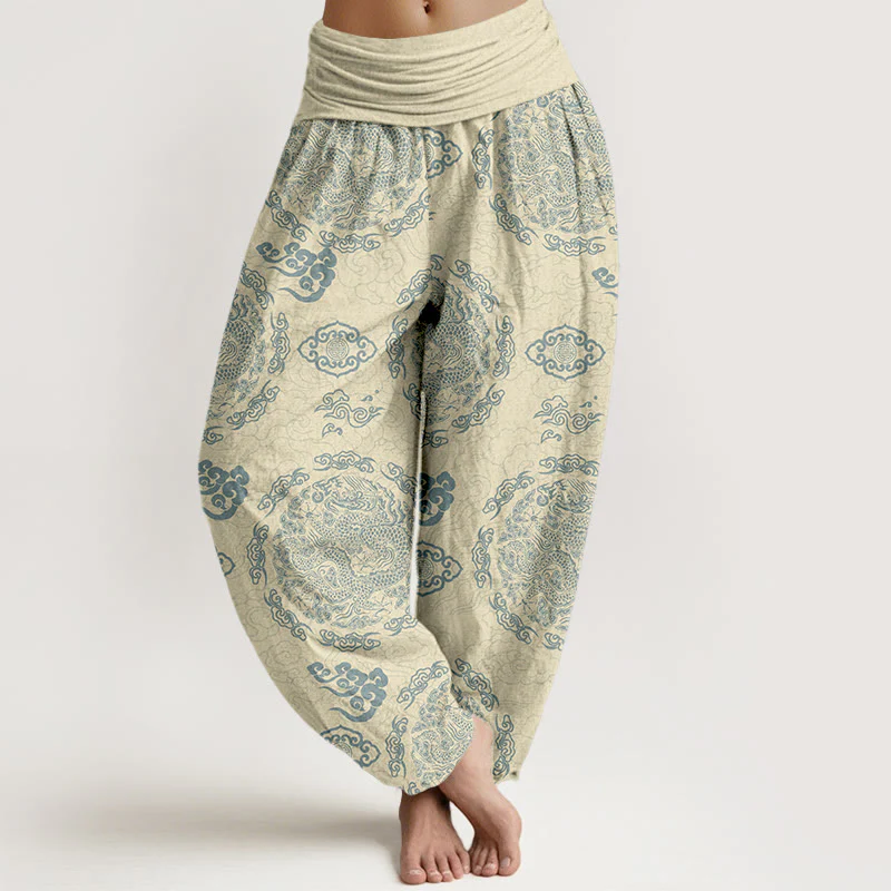 Pantaloni harem da donna con elastico in vita, in cotone, colore chiaro, motivo drago e nuvola , Buddha Stones - Image 9