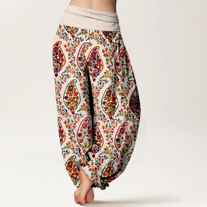 Pantaloni harem da donna con elastico in vita, in cotone, con motivo a fiori e foglie retrò, dai colori vivaci , Buddha Stones - Image 10