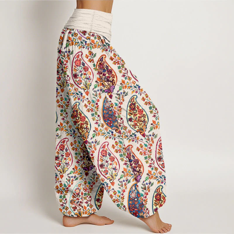 Pantaloni harem da donna con elastico in vita, in cotone, con motivo a fiori e foglie retrò, dai colori vivaci , Buddha Stones - Image 11