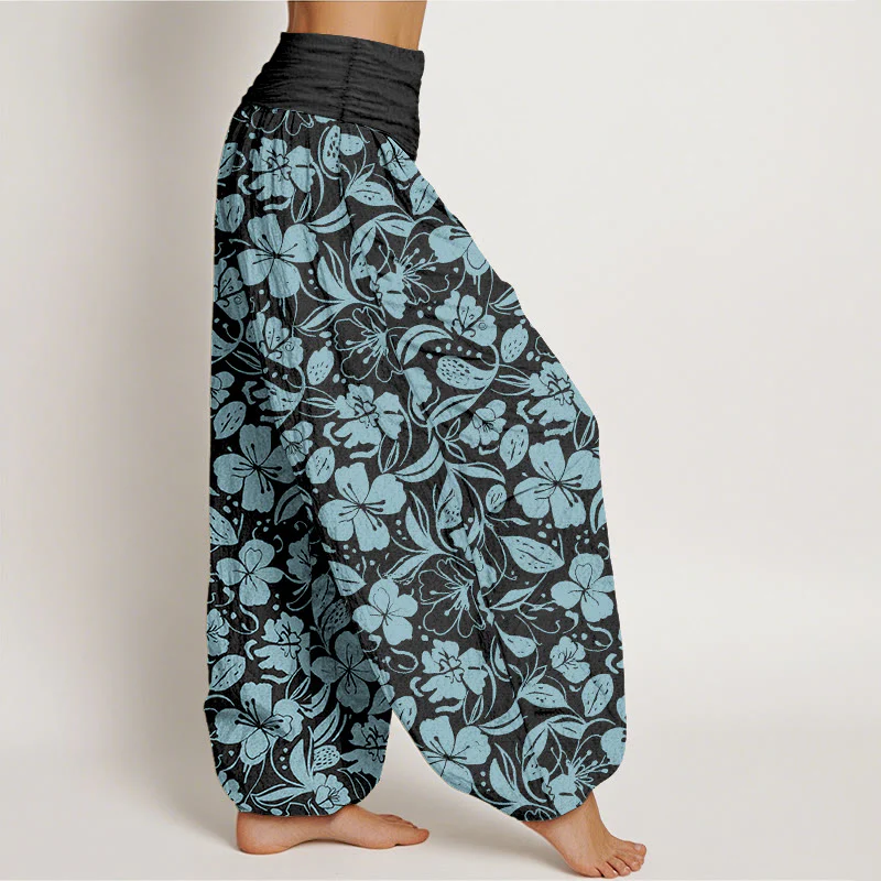 Pantaloni harem da donna con elastico in vita, in cotone, con motivo a fiori e foglie ripetuti, motivo Buddha Stones - Image 11