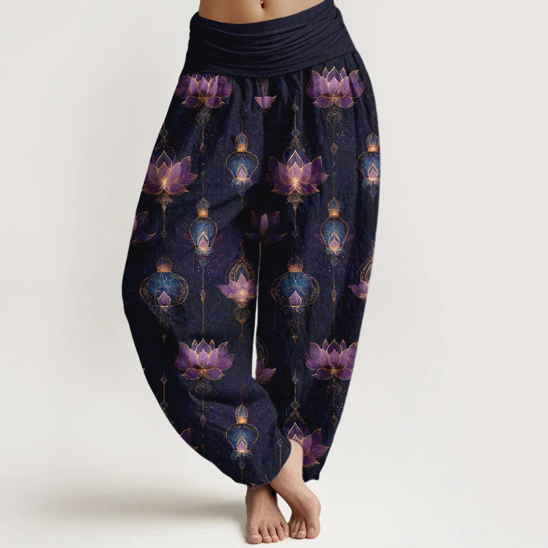 Pantaloni harem da donna con elastico in vita, in cotone, con motivo a lanterna di loto, modello Buddha Stones