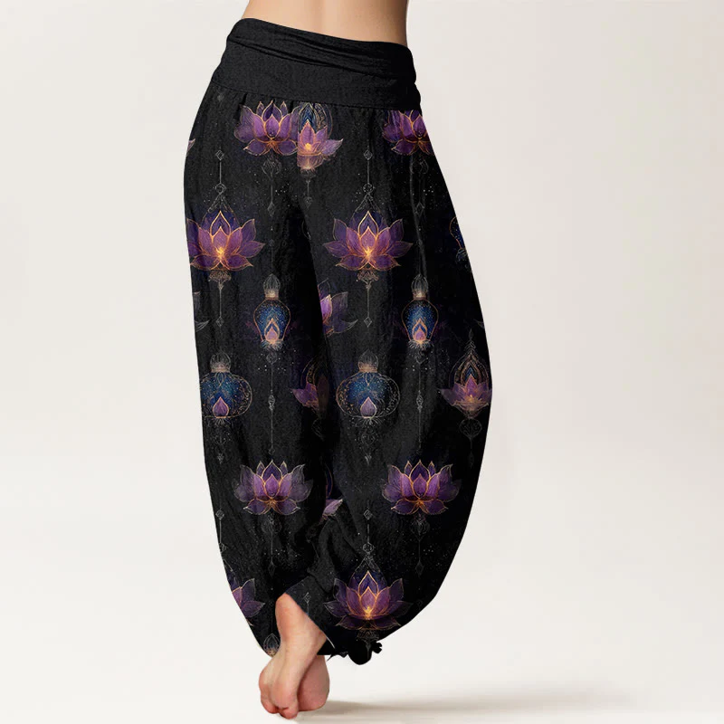 Pantaloni harem da donna con elastico in vita, in cotone, con motivo a lanterna di loto, modello Buddha Stones - Image 10