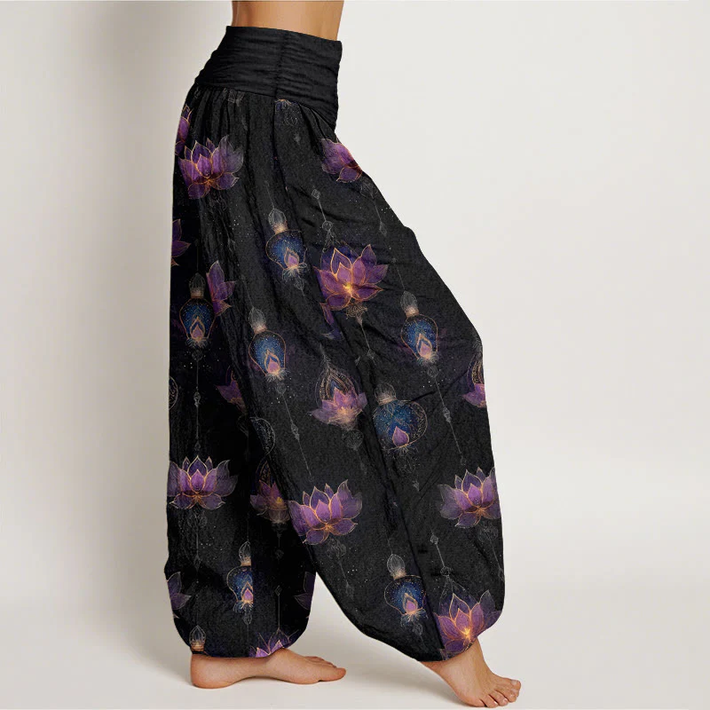 Pantaloni harem da donna con elastico in vita, in cotone, con motivo a lanterna di loto, modello Buddha Stones - Image 11