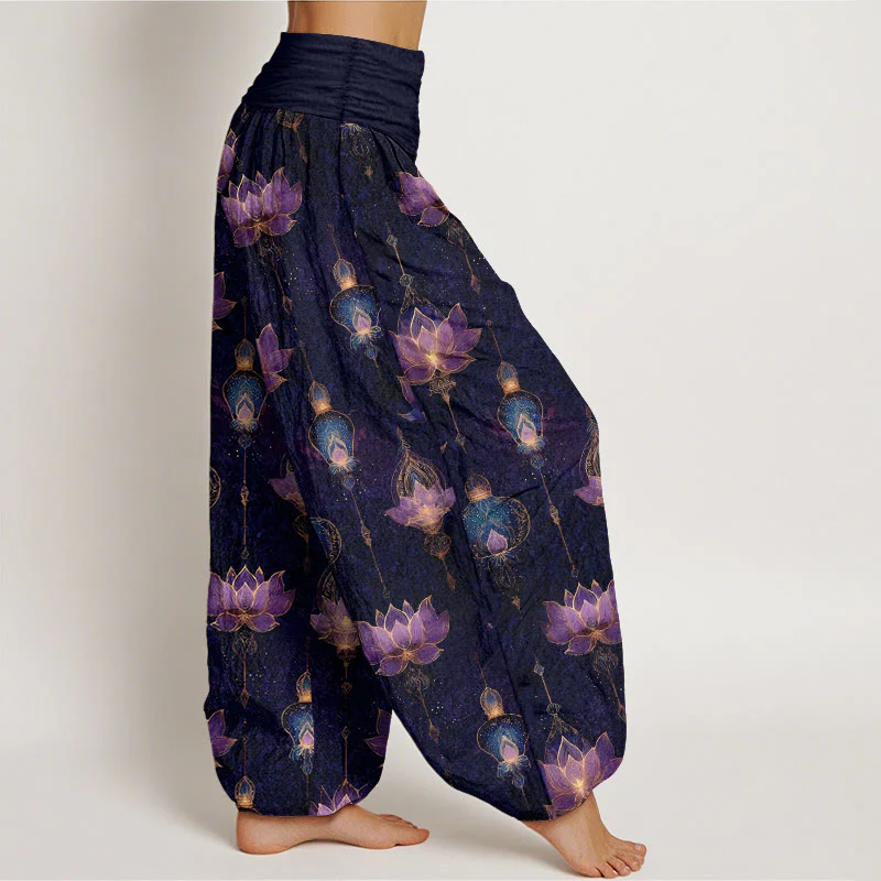 Pantaloni harem da donna con elastico in vita, in cotone, con motivo a lanterna di loto, modello Buddha Stones - Image 3