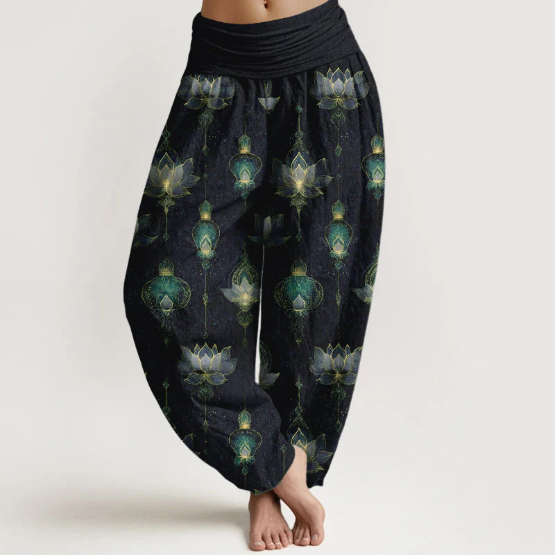 Pantaloni harem da donna con elastico in vita, in cotone, con motivo a lanterna di loto, modello Buddha Stones - Image 6
