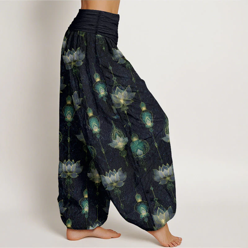 Pantaloni harem da donna con elastico in vita, in cotone, con motivo a lanterna di loto, modello Buddha Stones - Image 8