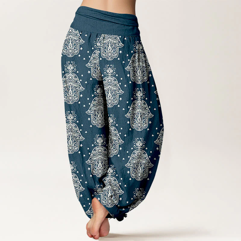 Pantaloni harem da donna con elastico in vita, in cotone, con motivo a mano di Hamsa, disposti in modo ordinato, motivo Buddha Stones - Image 7