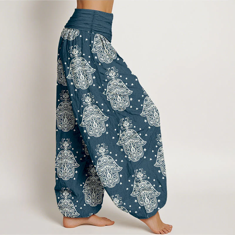Pantaloni harem da donna con elastico in vita, in cotone, con motivo a mano di Hamsa, disposti in modo ordinato, motivo Buddha Stones - Image 8