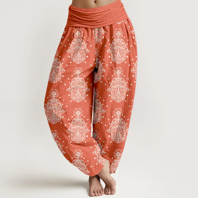 Pantaloni harem da donna con elastico in vita, in cotone, con motivo a mano di Hamsa, disposti in modo ordinato, motivo Buddha Stones - Image 9