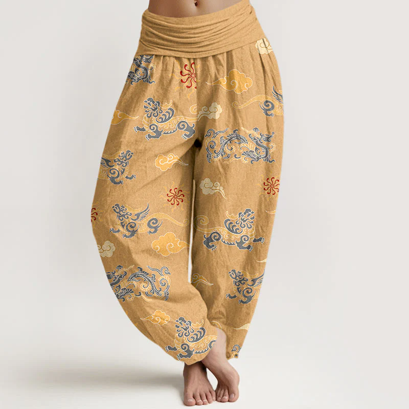 Pantaloni harem da donna con elastico in vita, in cotone, con motivo a nuvola, motivo drago e bestia di buon auspicio, motivo Buddha Stones